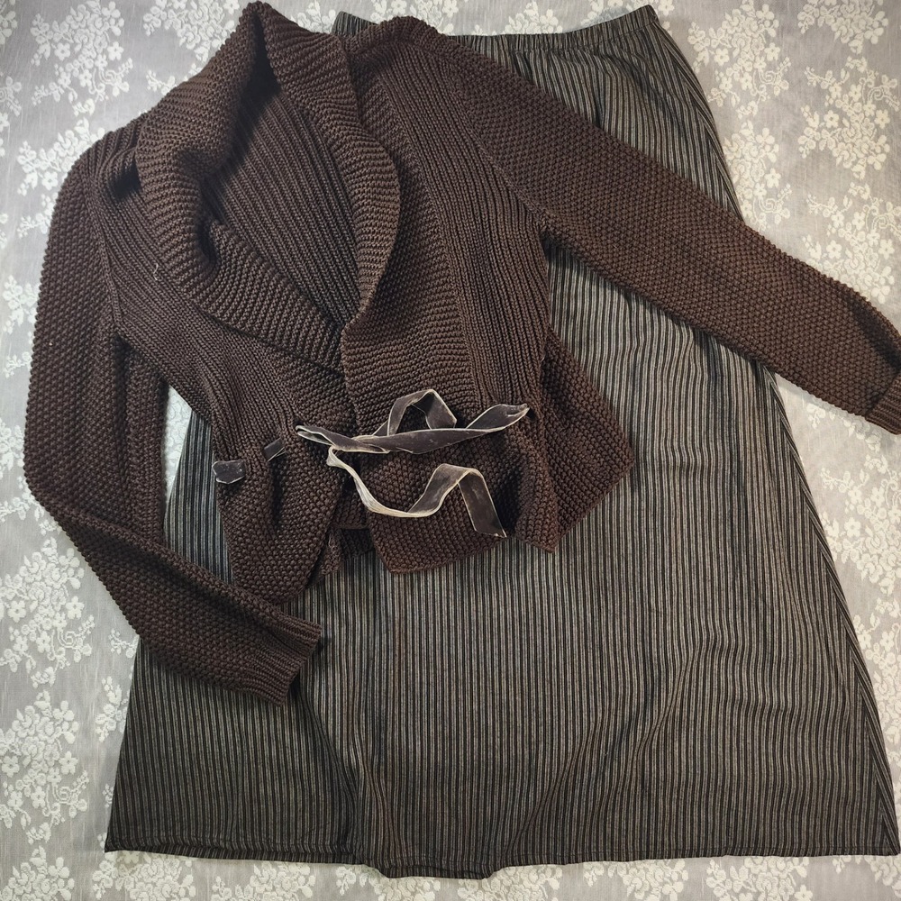 Brown Chunky Knit Shawl Collar Wrap Cardigan with Velvet Ribbon Tie Belt Fits M